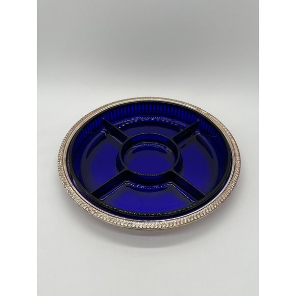 Vintage Cobalt Blue Divided Appetizer/Veggie/Dip Tray on Silver Color Platter - Picture 2 of 8